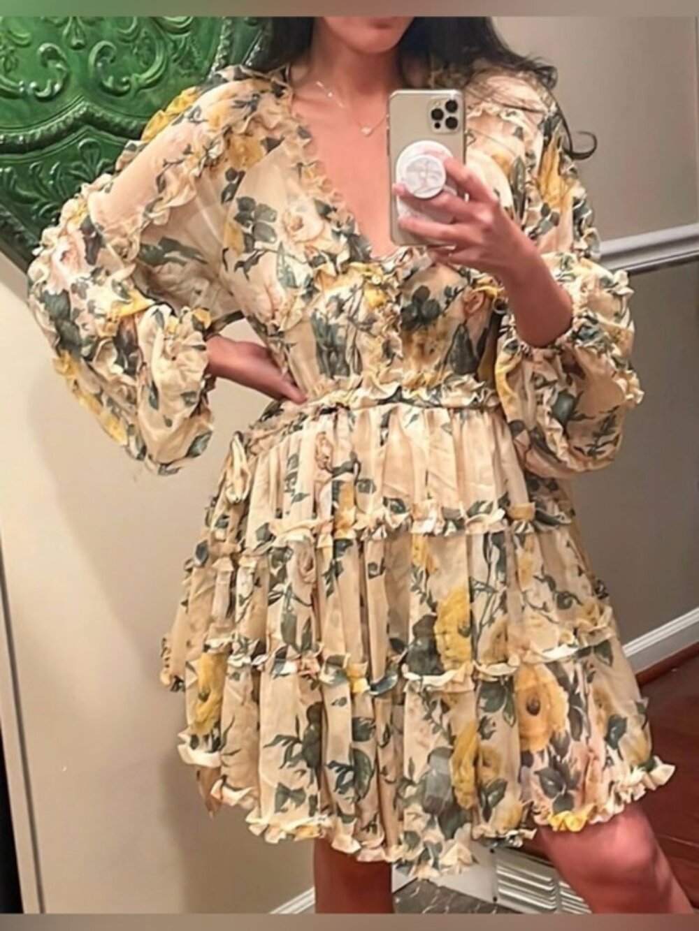 O.P.T. Boho Floral Ruffle Tiered Mini Dress in Cream and Yellow